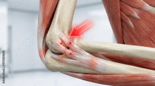 Elbow joint inflammation and tendon damage highlighted with red arrow