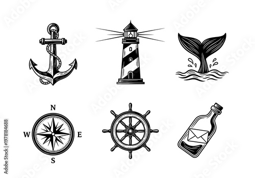A Collection of Black and White Nautical Symbols and Marine Adventure Icons