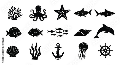 Black sea creature icons set, ocean animal silhouettes