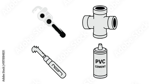 Plumbing Essentials: A comprehensive assortment of tools and components, ideal for any plumbing project. Includes adjustable wrench, pipe fitting, PVC cement, and rasp.
