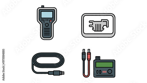 Automotive Diagnostics: Four key tools essential for automotive diagnostics are presented: a handheld scanner, a diagnostic port, a data cable, and a separate diagnostic device.
