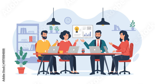 A team of diverse professionals discusses project ideas and data around a conference table in a modern, plant-filled office environment.