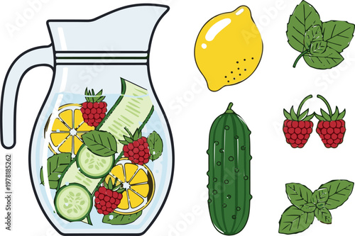 Glass pitcher filled with fresh water infused with lemon slices cucumber ribbons and red ripe garden raspberries