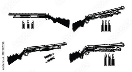 Black and white illustration depicting various lever action shotguns and ammunition
