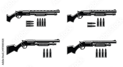 Black and white illustration depicting various lever action shotguns and ammunition