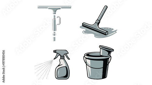 Cleaning Essentials: A minimalistic depiction of cleaning tools. Includes a window squeegee, cleaning spray bottle, bucket, and mop. Ideal for illustrating cleaning tasks, housekeeping, and hygiene.