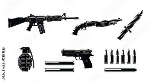 Black and white illustration depicting various lever action shotguns and ammunition