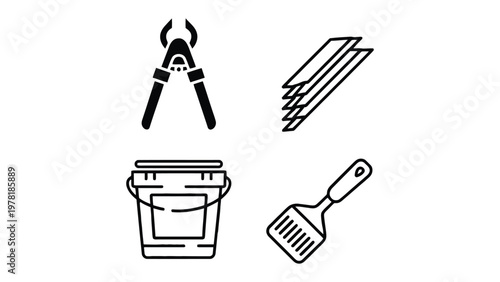 Tools of the Trade: A collection of essential tools for construction and renovation, arranged in a simple and clean outline style, representing the fundamental instruments of the trade.