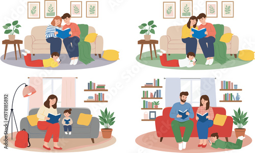 Family Spending Quality Time Together Reading Books on Couch in Cozy Living Room