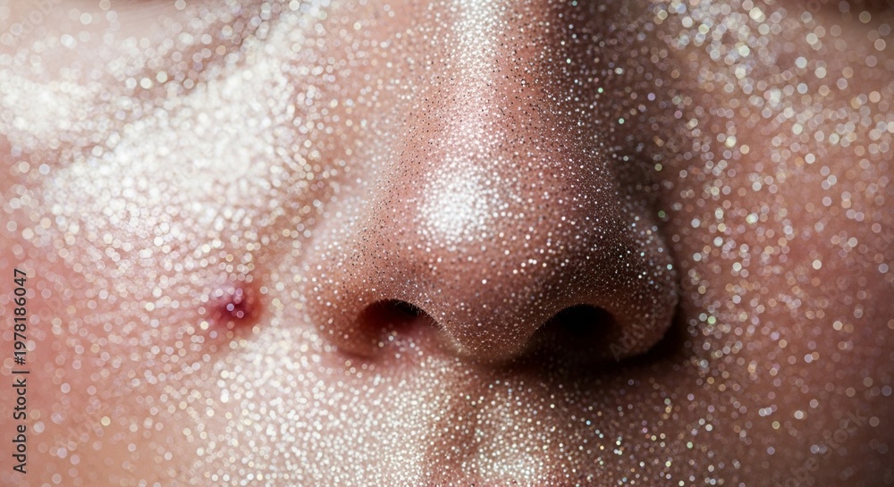 Fototapeta premium Extreme Macro Close Up of Glowing Glitter Skin on Nose and Cheek with Small Pimple Showing Imperfect Beauty Concept
