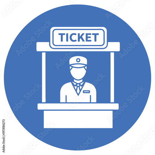 Ticket booth attendant selling tickets at a counter with a sign