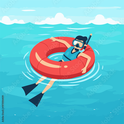 Young woman relaxing in the blue ocean while wearing a life vest and snorkeling gear with floaty tube