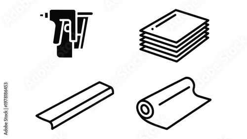 Construction Essentials: Illustrative icons showcasing key tools and materials utilized in construction, including a staple gun, stacked boards, a metal strip, and a rolled material.