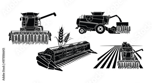 Black and white illustration of combine harvesters and wheat sheaves