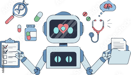 Friendly medical robot holding a patient checklist and documents while analyzing health data for modern hospital clinical care