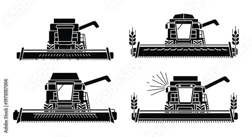 Black and white illustration of combine harvesters and wheat sheaves
