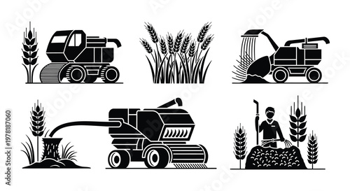 Black and white illustration of combine harvesters and wheat sheaves