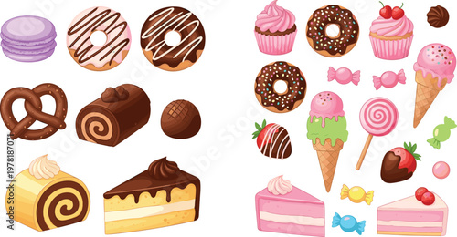 Sweet Desserts Collection of Donuts, Ice Cream Cones, Cakes, Candies, and Macarons in Fun, Colorful Vector Design