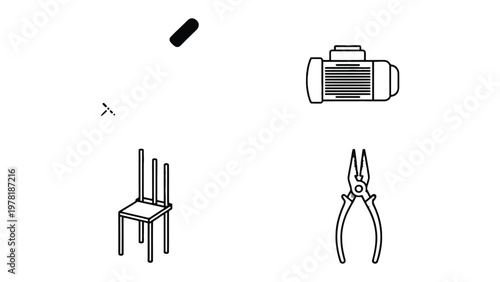 Abstract of Tools: a collection of essential tools including a plier, a chair,a motor and screw