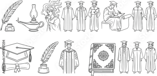 Graduation Collection Featuring Caps, Diplomas, Scholars, Books, Ink Quills, and More in Detailed Black and White Line Art