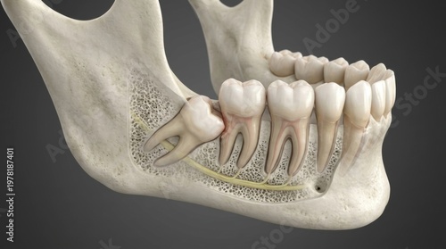 Detailed 3D illustration of a human lower jawbone with wisdom teeth impaction