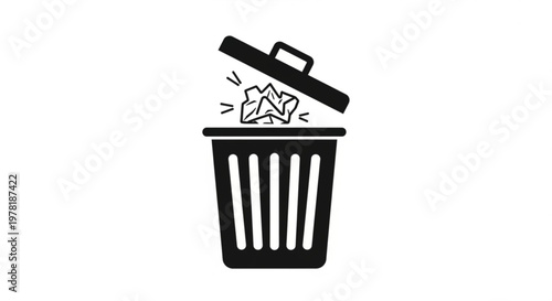 A minimalist vector graphic of a trash can with crumpled paper flying out