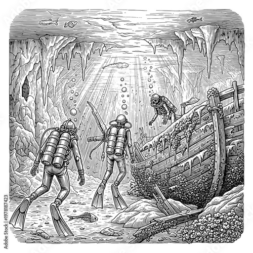 Scuba Divers Exploring an Underwater Shipwreck in a Cave