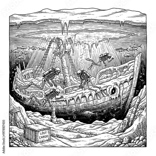 An underwater scene of a sunken ship with skeletons and fish