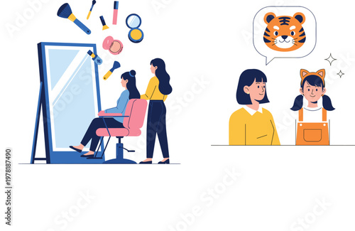 Beauty Salon Makeover Concept with Woman Getting Ready and Fun Tiger Illustration for Kids in Vector Style