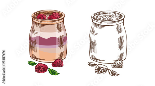 Hand drawn vintage sketch of layered raspberry yogurt dessert in glass jar with berries colored and monochrome set