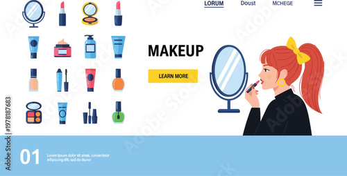 Makeup and Beauty Product Icons Collection with Woman Applying Lipstick in Front of Mirror for Cosmetic Web Design