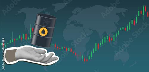 Hand holding an oil barrel against world map with rising candlestick chart, dark teal background. Concept of oil market growth and global energy trading. Vector illustration
