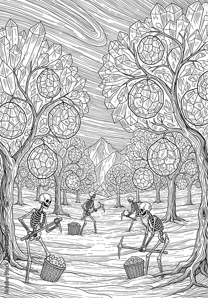Fototapeta premium A mystical landscape with skeletons mining crystal trees