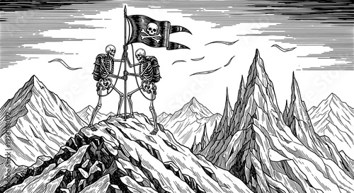 A group of skeletons on a mountain peak with a flag
