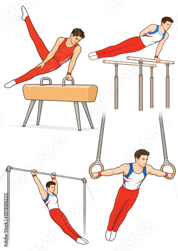 078-20-Male gymnast performing on pommel horse, parallel bars, still rings, and high bar