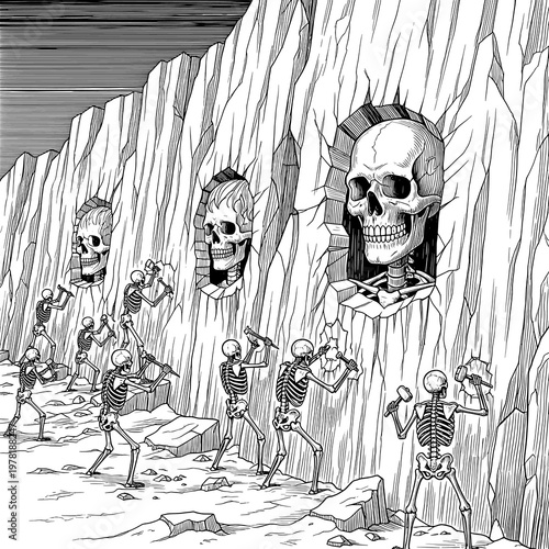 A haunting scene of skeletons mining skulls from a cliffside