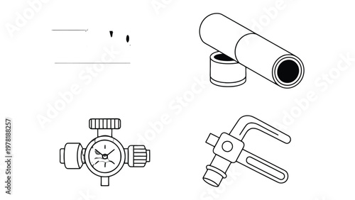 Industrial Equipment Sketches: Detailed line art sketches depict an assortment of industrial components, including pipes, valves, and a tap, conveying the intricacies of engineering and design.