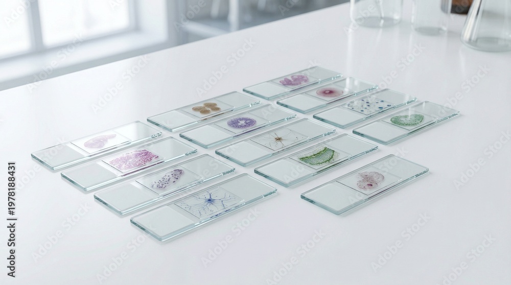 Fototapeta premium Multiple arranged microscope slides showcasing diverse biological and medical specimens for detailed scientific analysis in a modern laboratory setting, highlighting research and diagnostic processes