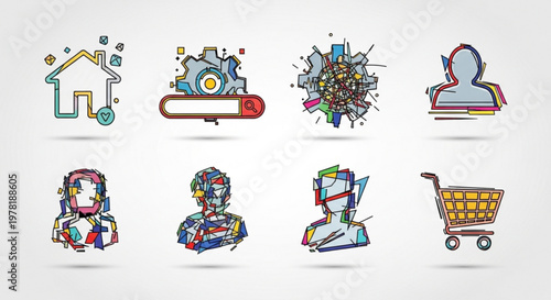 A set of colorful, modern vector icons representing various concepts such as home, technology, and shopping