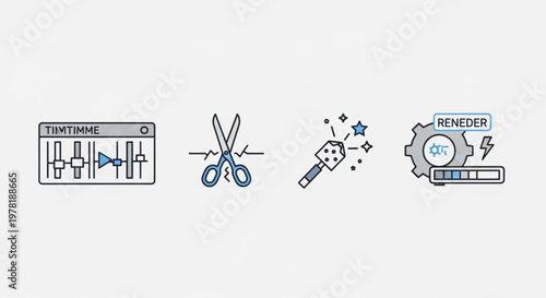 A set of four vector graphic icons representing video editing and rendering tools.
