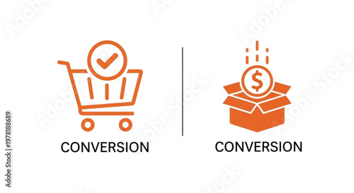 A vector graphic illustration of two conversion icons, a shopping cart with a checkmark and a box with a dollar sign, on a white background.