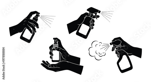 Hands spraying and holding disinfectant bottles in a black and white illustration