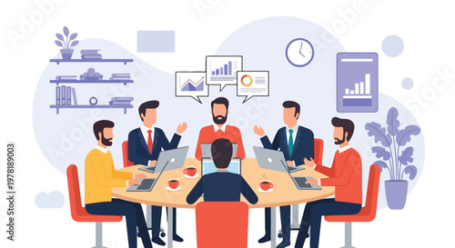 A team of professionals collaborates around a round table, discussing data analytics and business strategies with laptops and charts.