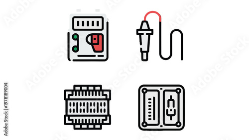 Industrial Equipment Icons: A set of detailed icons depicting essential tools and machinery used across different sectors of the industry.