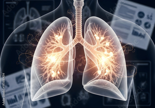 Detailed view of human lungs with highlighted bronchial tree and alveoli structure