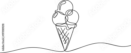 Ice Cream continuous one line drawing, Single line illustration of a soft serve ice cream cone, one line drawing featuring a minimalist continuous stroke of a summer dessert with a clean contour