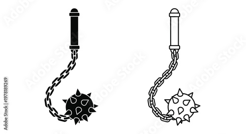 Two medieval flails with spiked balls are depicted in black silhouette