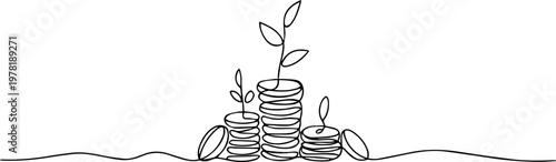Stacks of coins with green sprouts continuous one line drawing, Stacked coins sprouting plant representing financial growth. no editable strokes, Single Line Drawing Plant Coins. Stack Growth Finance