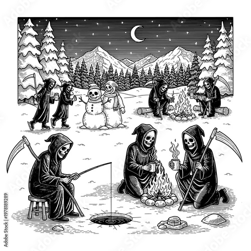 Grim Reapers Enjoying Festive Winter Activities in a Snowy Mountain Landscape at Night