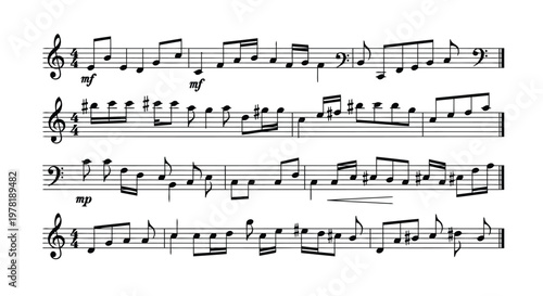 Elegant classical piano sheet music with intricate melodic and harmonic lines Vector